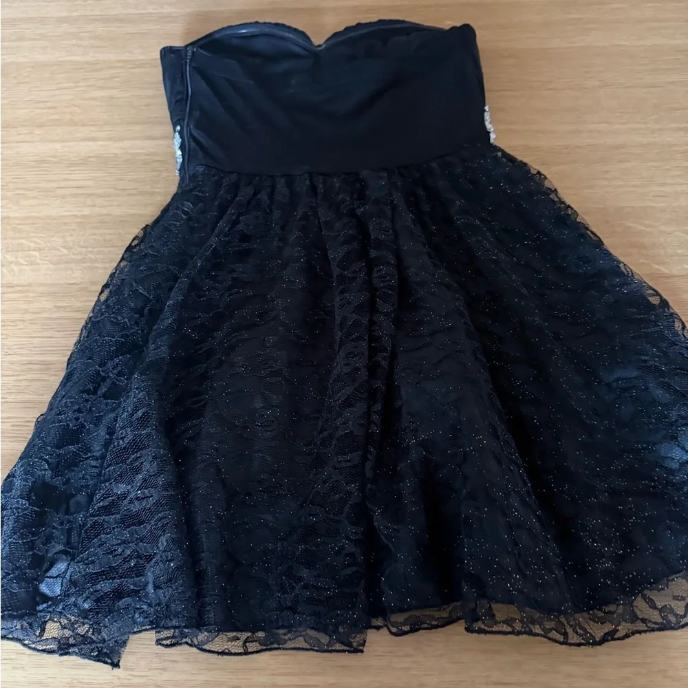 My Michelle Black Strapless Lace Cocktail Dress with Silver Waist Accents Size 5